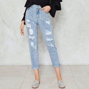 Nasty Gal High Waisted Ankle Jeans Faux Pearl Beads & Distressed Patches Size L